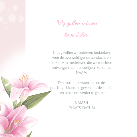 Bedankkaart met roze lelies