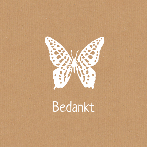 Bedankkaart met witte vlinder op bruin karton