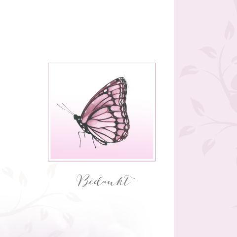 Bedankt rouwkaart vlinder in licht roze met wit
