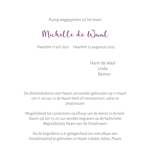 Rouwkaart met paarse hortensia