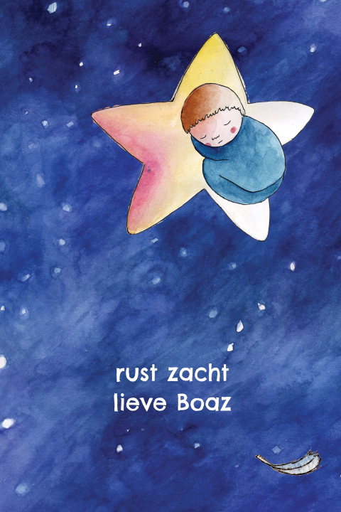 Rouwkaartje kind in blauw met sterren hemel