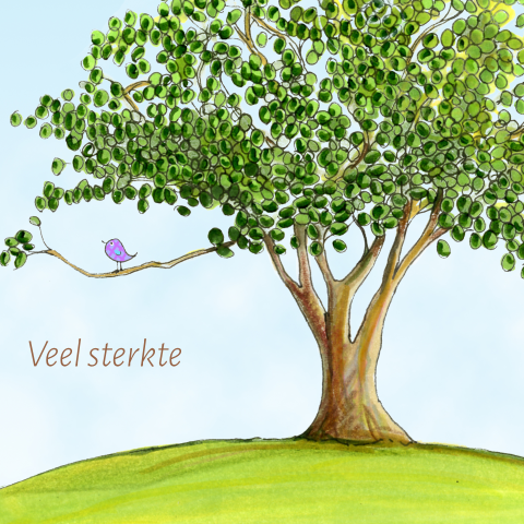 Condoleance kaart baby of kind met boom vogel en blauwe lucht