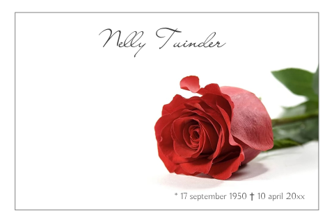 Stijlvolle rouwkaart met een liggende rode roos